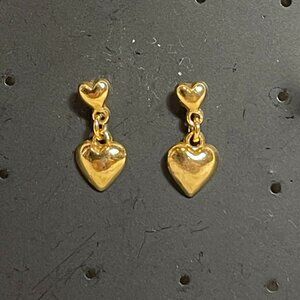 Vintage Gold tone Double Heart Drop Earrings for pierced ears